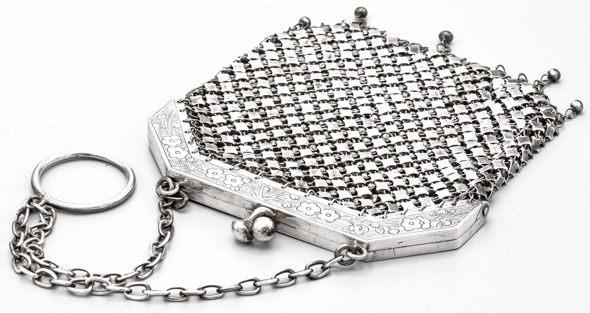 Antique Sterling Silver Asian Floral Etched Mesh Coin Pouch Purse Bag