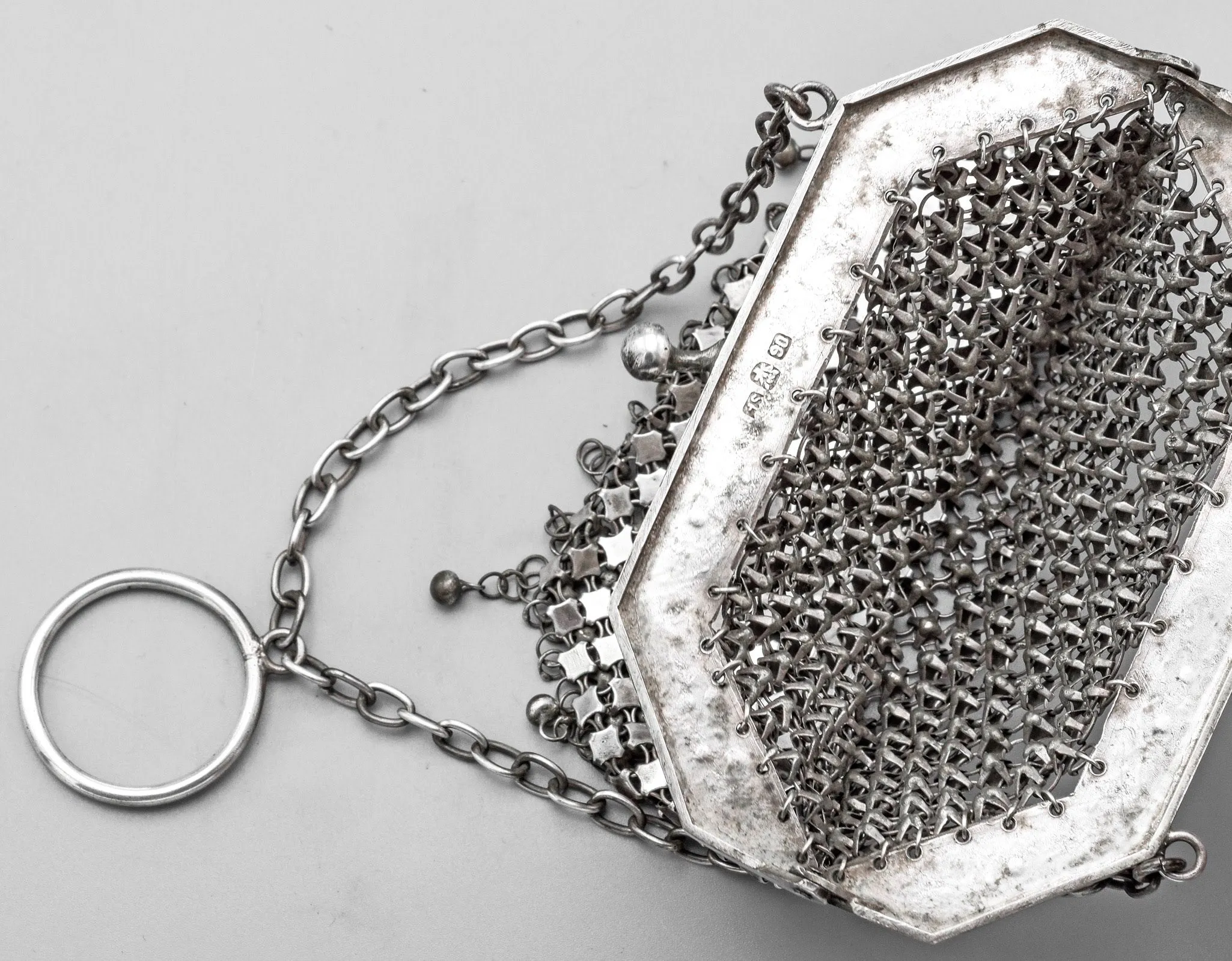 Antique Sterling Silver Asian Floral Etched Mesh Coin Pouch Purse Bag