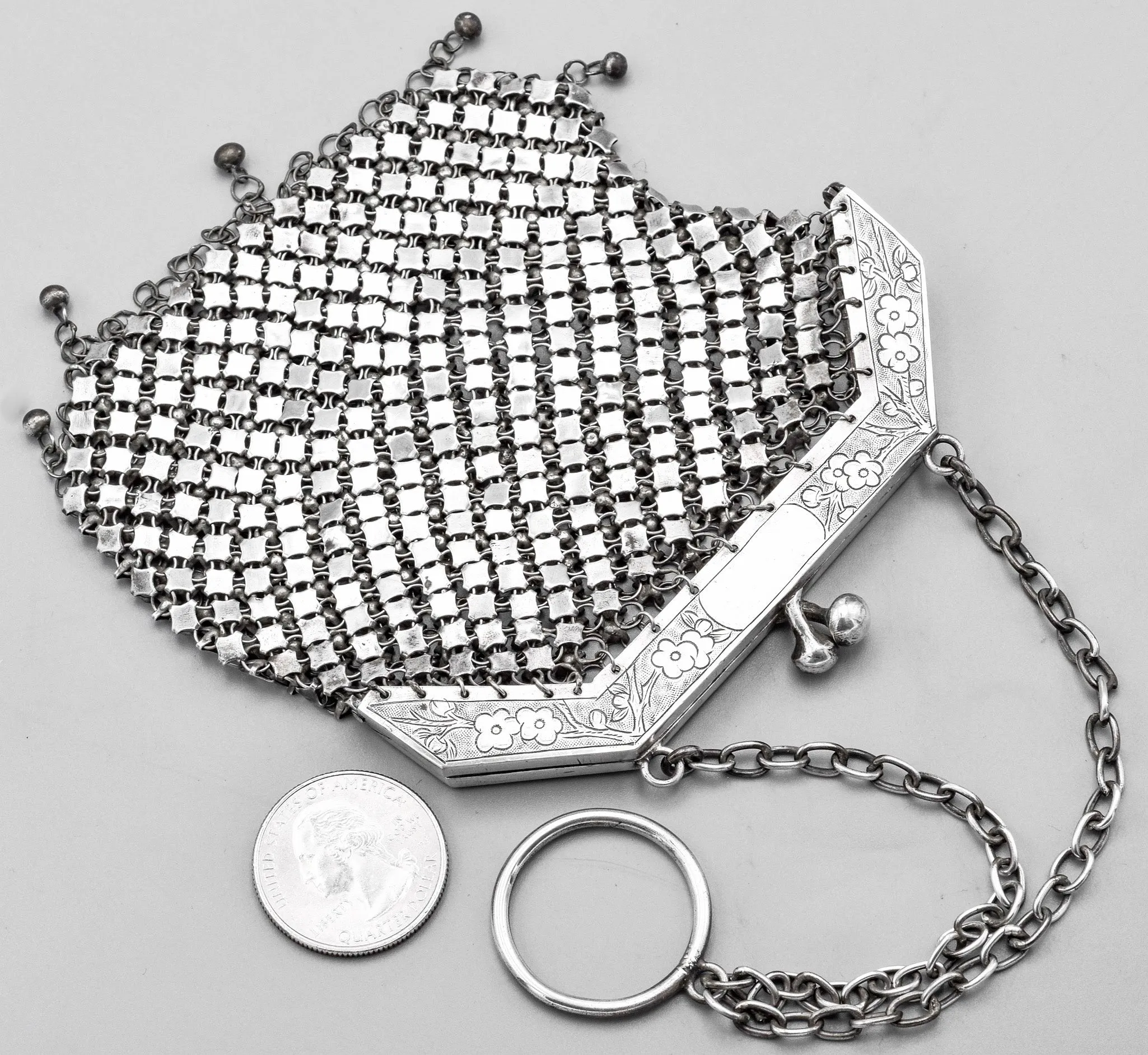 Antique Sterling Silver Asian Floral Etched Mesh Coin Pouch Purse Bag