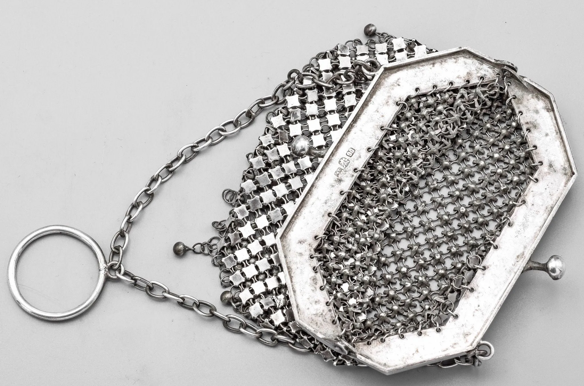 Antique Sterling Silver Asian Floral Etched Mesh Coin Pouch Purse Bag