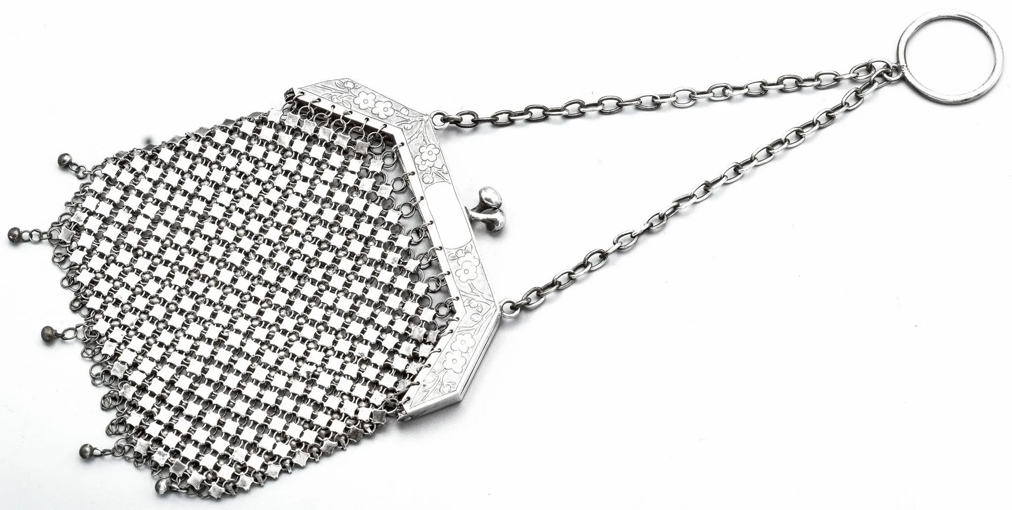Antique Sterling Silver Asian Floral Etched Mesh Coin Pouch Purse Bag
