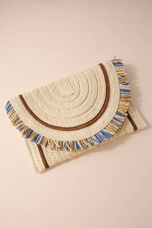 Blue Raffia Woven Fringe Clutch Bag