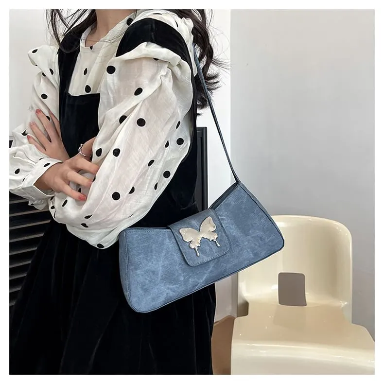 Butterfly Accent Faux Leather Shoulder Bag
