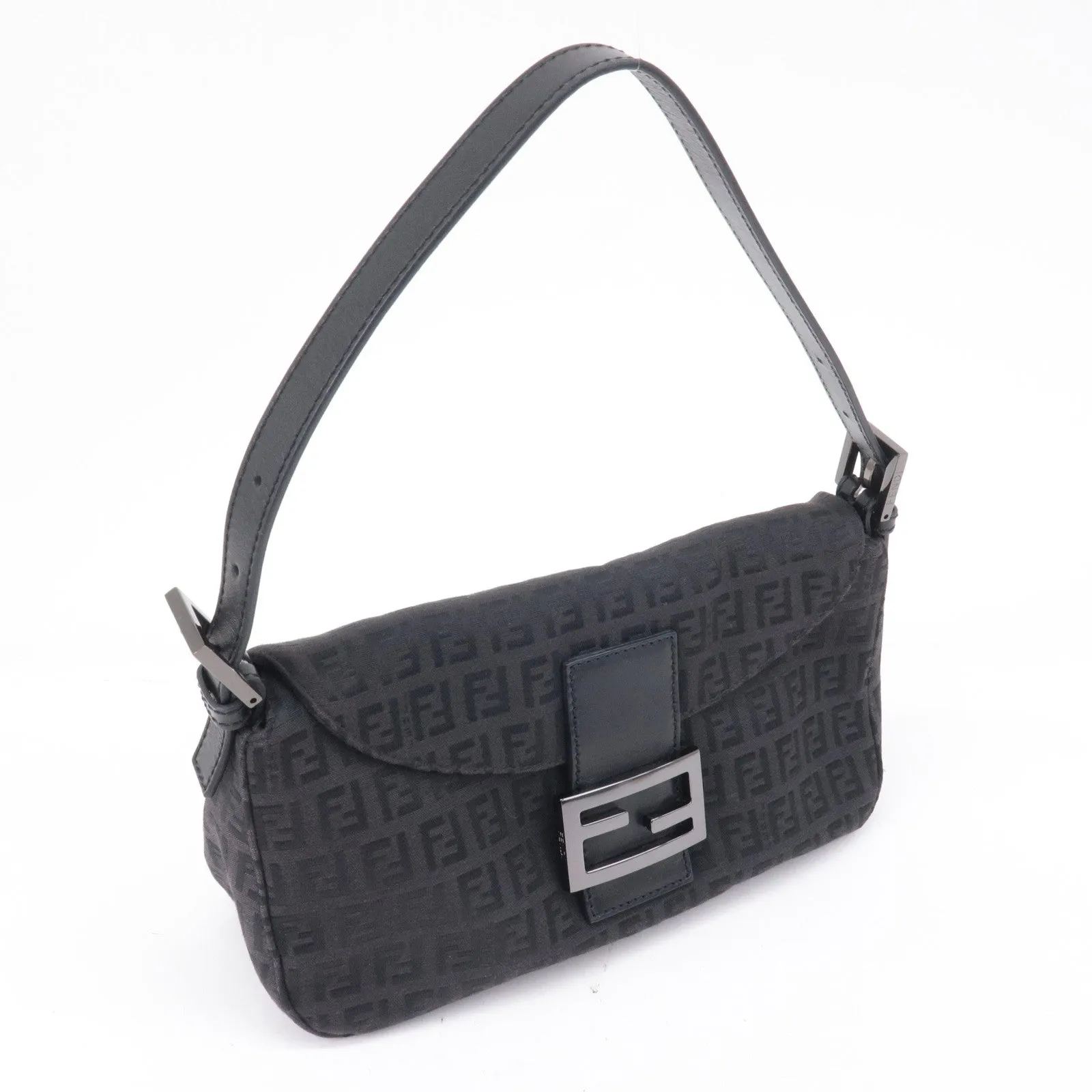 FENDI Mamma Baguette Zucchino Canvas Leather Black 8BR003