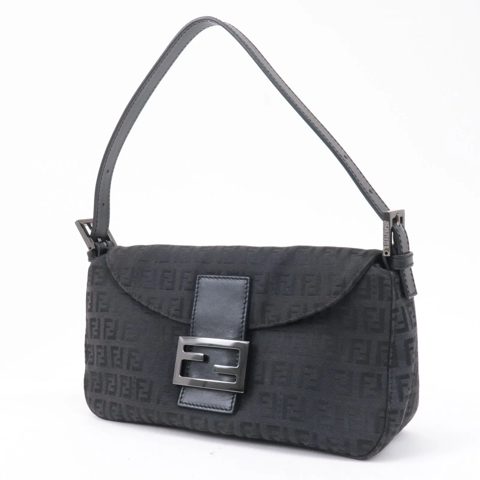 FENDI Mamma Baguette Zucchino Canvas Leather Black 8BR003