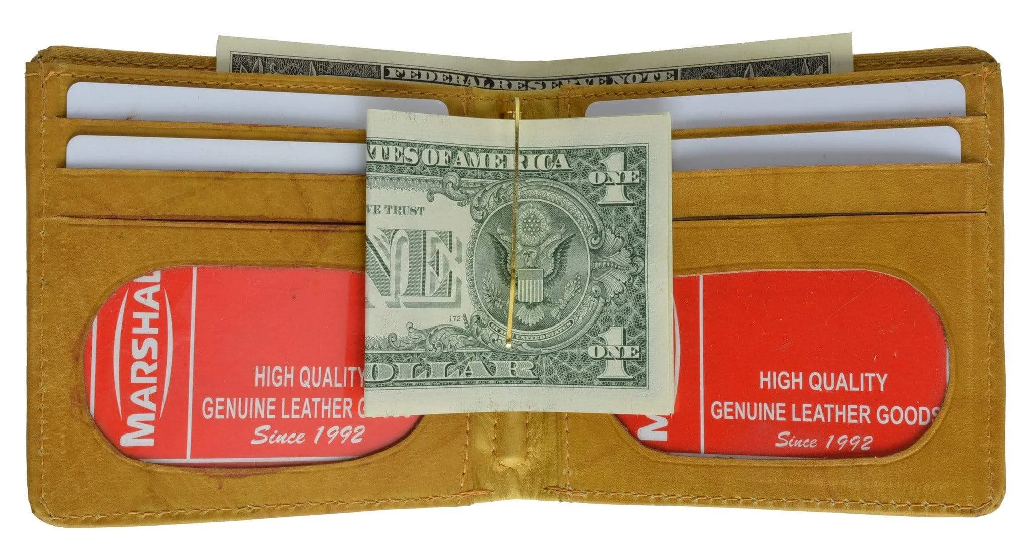 Genuine Leather Bifold Center Money Clip Wallet with Twin ID Window 1362 CF (C)
