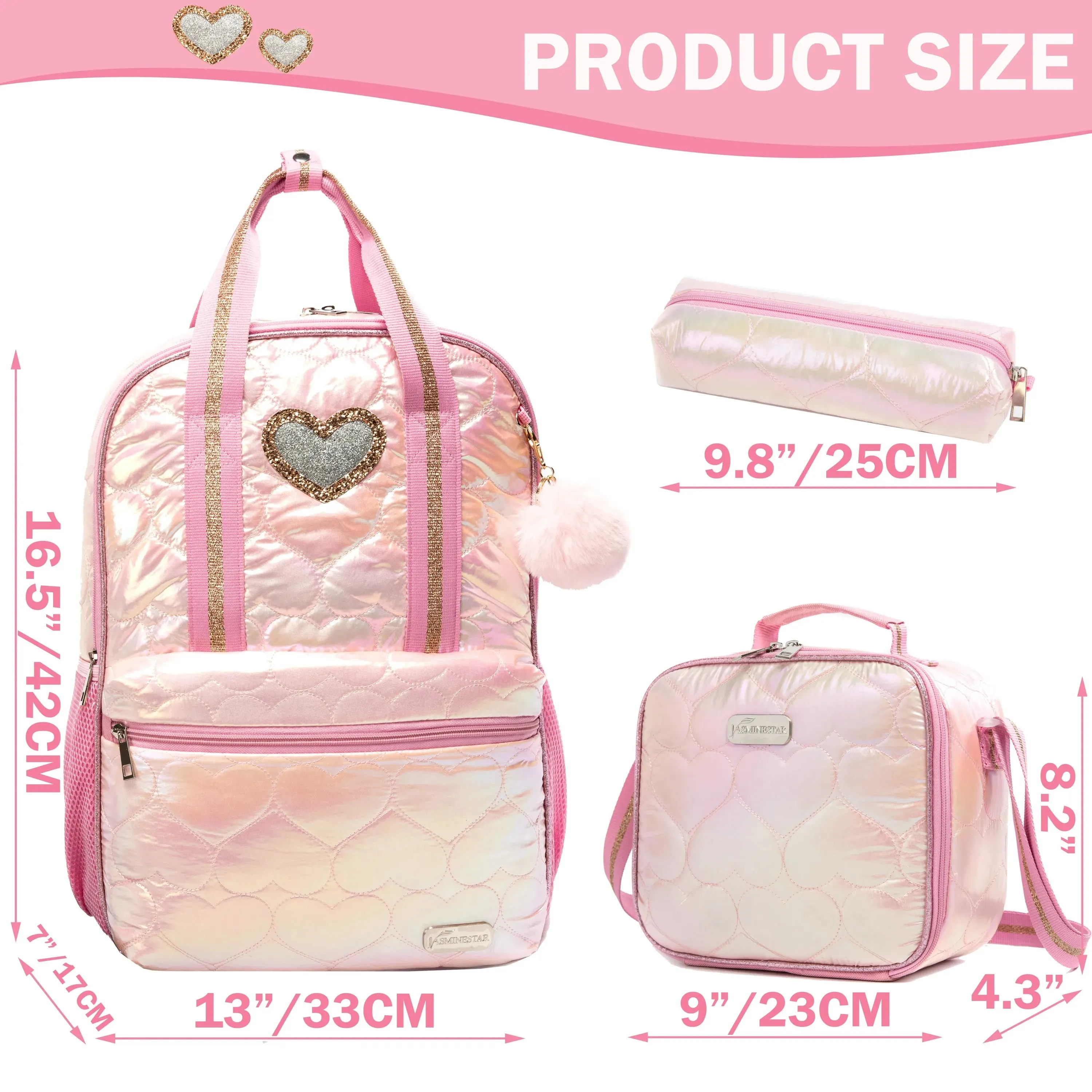 Girls Quilted Shiny Iridescent Heart Backpack Set