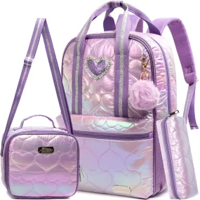 Girls Quilted Shiny Iridescent Heart Backpack Set