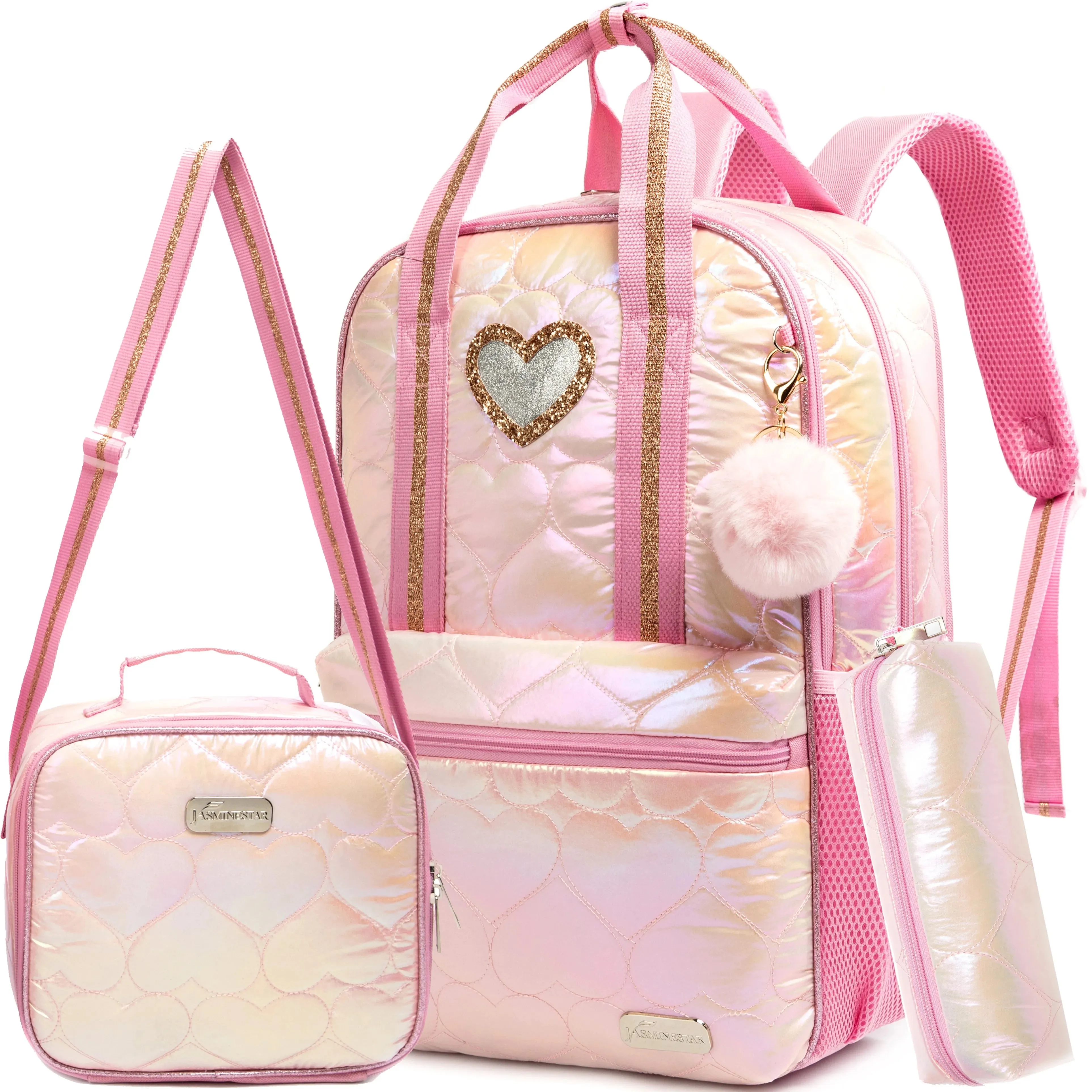 Girls Quilted Shiny Iridescent Heart Backpack Set