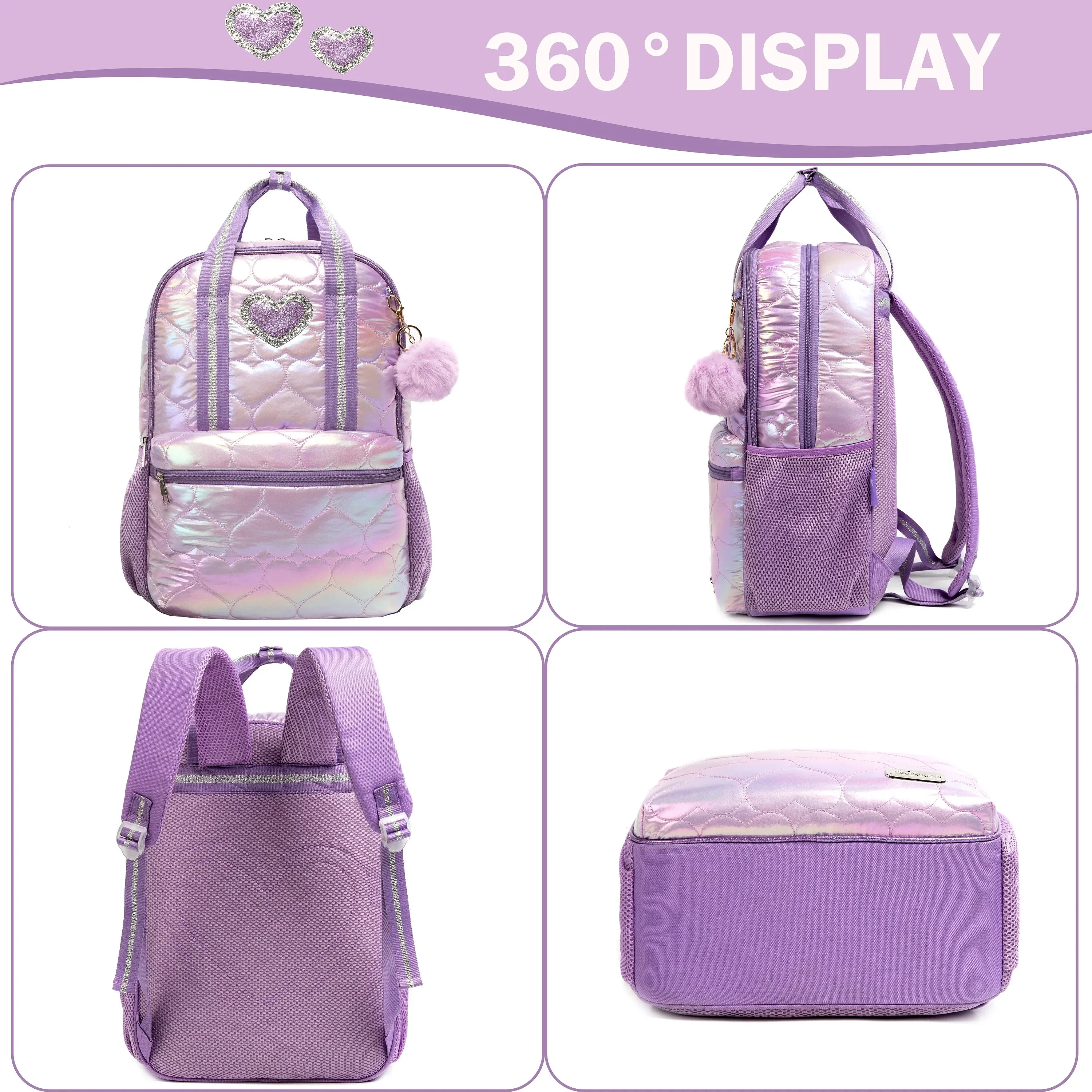 Girls Quilted Shiny Iridescent Heart Backpack Set