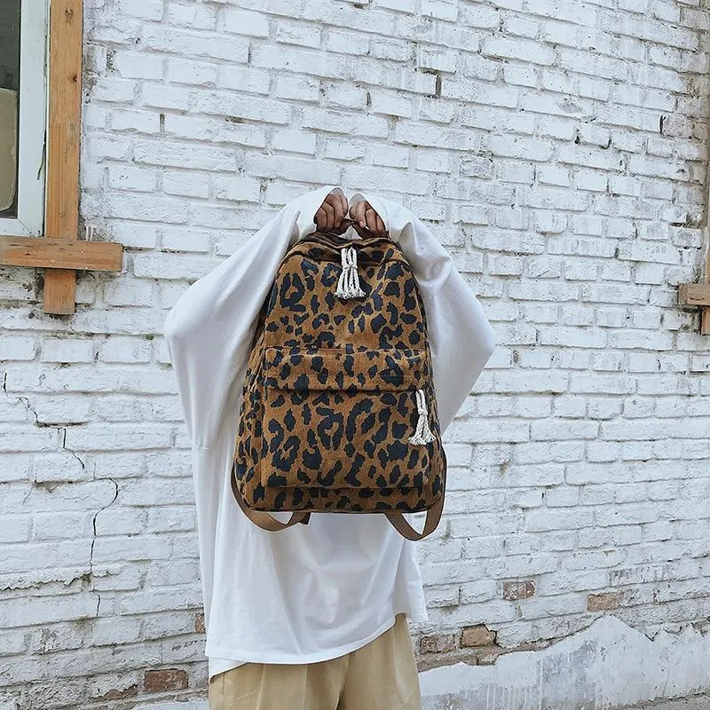 Leopard Print Corduroy Dual-Straps Travel 20 Liter Backpack